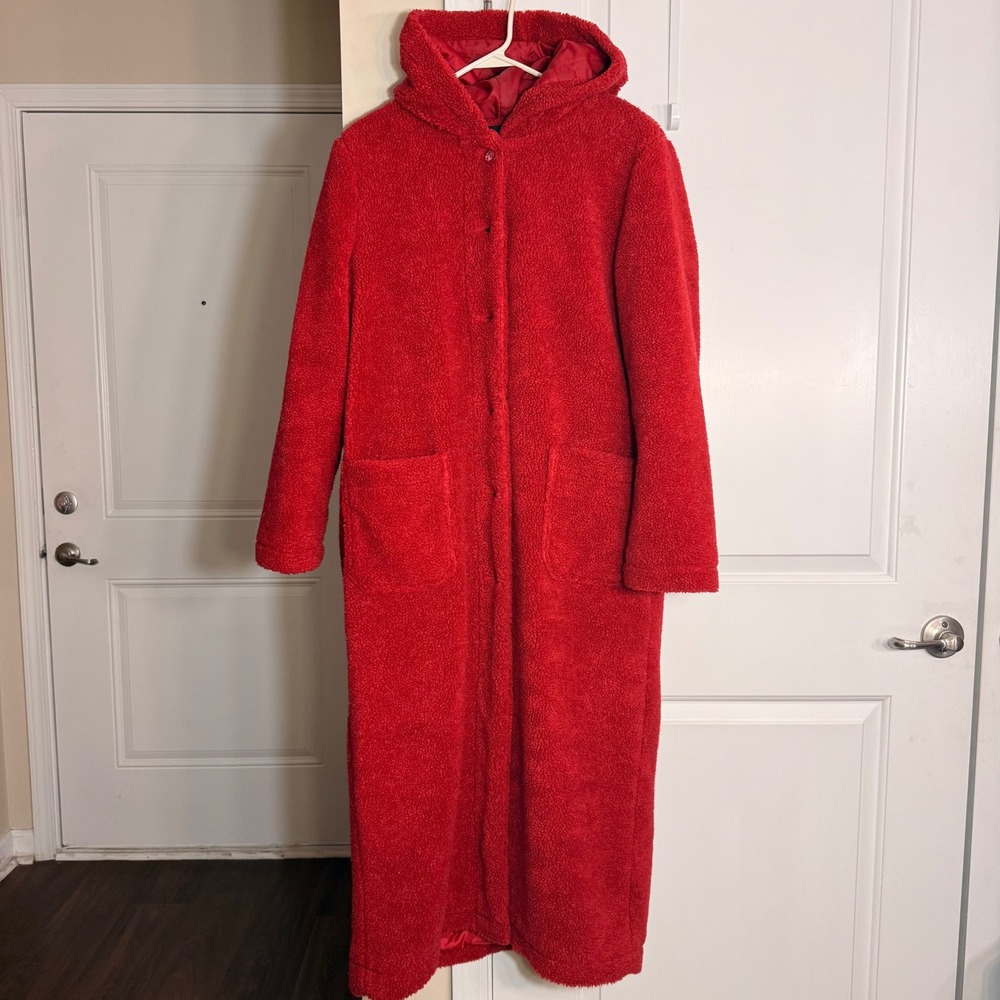 Metrostyle Red Faux Shearling Teddy Coat Hooded Longline Maxi Sherpa Jacket M
